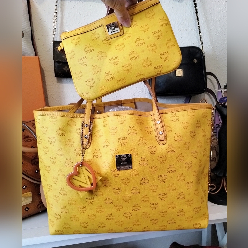 MCM Yellow Tote Bag with Iconic Monogram Pattern